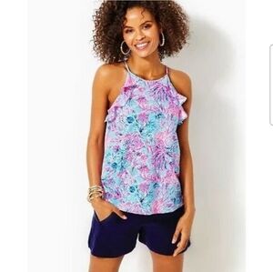 Lilly Pulitzer Billie Halter Tank Top in "Celestial Blue Seek And Sea" XL